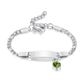 Silver Figaro bracelet with engravable bar and faceted green gemstone charm pendant - August-Steel-16cm
