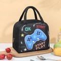 Insulated black lunch bag featuring blue gamepad prints and durable dual handles - Black Video Game HahaPet