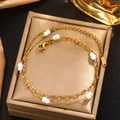 Double-layer 18K gold plated stainless steel bracelet with white pearls on silk background - 18K Gold / Gold