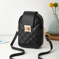 Fashionable black quilted mini crossbody phone bag with gold metal buckle and strap - Black