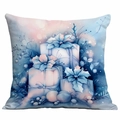Detailed view of square Christmas pillowcase with blue winter gift box illustration - Christmas Gift Boxes (CDR350-11)