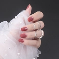 Short square round glossy reddish brown press-on nails with silver decorative rings - Red Brown (DFYL-11)