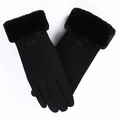 Elegante zwarte dames winter suède handschoenen met pluche imitatiebont manchetten voor kou - Bontmanchet met Label Decor (261) / Zwart