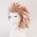 Pink satin hair bonnet for sleeping with a large light brown bow decoration - Large Single Layer Ribbon / Champagne