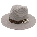 Elegant wide brim straw sun hat with leopard ribbon and pearl details for women - Gray