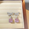 Eleganti orecchini a fiocco in argento S925 con zircone rosa taglio ghiaccio in scatola - Rosa