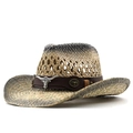 Detail van vintage strooien cowboyhoed met geweven textuur en zilveren stierenkop gesp - Verstelbaar / 03 Rijst Zwart