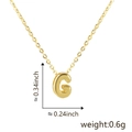 Detail of gold letter G pendant showing dimensions 0.34 inch height and 0.6g weight - Letter G