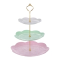 Présentoir à gâteaux 3 étages avec plateaux colorés et support métallique doré élégant - Style Rond Tricolore à 3 Niveaux (Tige Dorée) / Tricolore (Rose Vert Blanc)