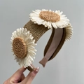 Detail of hand-woven brown straw headband decorated with white daisy flowers - 3 Sunflowers + Khaki Headband