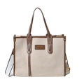 Große beige Canvas-Tragetasche mit braunem Lederbesatz und abnehmbarem Schultergurt - Khaki Groß