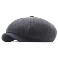 Classic dark black cotton newsboy cap with octagonal stitching and vintage styling - Adjustable / Black
