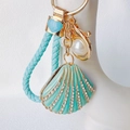 Detail of seashell keychain with mint enamel finish, sparkling rhinestones and blue strap - Heart Lanyard / Blue