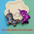 Rainbow unicorn sequin keychain with reversible purple flip feature on metal ring - Rainbow and Purple
