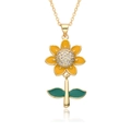 Luxurious sunflower pendant necklace with zircon crystals and gold chain on white surface - E456-Yellow and Green Enamel Sunflower