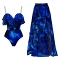 Conjunto de bañador con volantes, top con estampado mármol azul y falda larga - S / Conjunto de 2 piezas (Traje de baño + Falda)