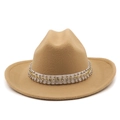 Detailed macro view of khaki wool felt fedora featuring rhinestone and silver stud trim - M (56-58cm) / Camel