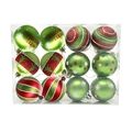 Set di 12 palline di Natale verdi e rosse con motivi assortiti e finiture lucide - Set da 12 / Verde/Rosso (Stile Elfo)