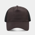 Detailed close-up of brown suede trucker hat with black mesh and reinforced stitching - Gray