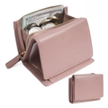 Compact mauve genuine leather trifold wallet featuring RFID protection and large coin pocket - Lotus Pink