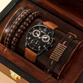 Herren Oulm Quarzuhr Set mit braunem Lederarmband und Armbändern in Holz Geschenkbox - Ohne Box / Set 5