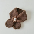 Detailed view of brown plush cross scarf with cute bear embroidery on soft fleece - One Size / Neck Warmer / Brown