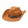 Khaki western cowboy hat with ethnic beads, turquoise stones and tassels on white base - One Size / Camel (With Metal Bull Head & Ethnic Decor Band)
