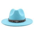 Detail of wool jazz hat featuring a brown leather band with rivets and metal buckle - Lake Blue