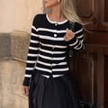 Elegant black and white striped knit cardigan with gold buttons and a round neck - S / Black Base White Stripes