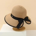 Elegant French style straw hat for women with black ribbon bow and gold accent - M(56-58cm) / Caramel color
