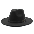 Detail of a black wool fedora featuring a stylish faux leather band and gold buckle accent - M (56-58cm) / Black