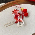 Pince à cheveux pompon rouge avec poisson rouge brodé et décoration de pièce dorée - 37# Pic à Cheveux-Rouge