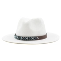 White woven straw Fedora hat with colorful bead ribbon band and flat brim for summer - M (56-58cm) / Ethnic Beaded Style / White