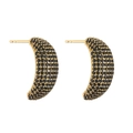 Detailed view of crescent moon stud earrings with black pavé crystals in gold setting - Gold-Plated Black Zirconia Moon Shaped