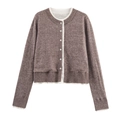 Cardigan in maglia girocollo marrone con bordi a contrasto e bottoni bianchi da donna - S / Cammello