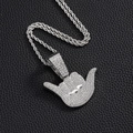 Macro shot of silver hip hop hand gesture pendant with sparkling rhinestones and chain - Silver (50CM Rope Chain)