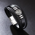 Multi-layer black leather bracelet for men featuring a geometric metal charm and magnetic clasp - 21.5cm / Black