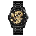 Men's black stainless steel watch with golden dragon relief and diamond hour markers - Black Black Dial
