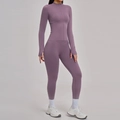 Violettes nahtloses Yoga-Set für Damen mit Reißverschlussjacke und Leggings mit hohem Bund - S / Oberteil Und Unterteil / Lila Nebel