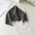 Floral print hair scarf in black with elegant white lace trim and vintage pattern - Daisy Black Lace Headscarf