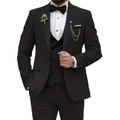Detail of slim fit three-piece suit with peak lapel, double-breasted vest and brooch - XXS / Black