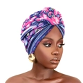 Ethnic blue and pink floral print pre-tied turban with spiral flower and elastic fit - One Size / Evil Eye Navy Blue
