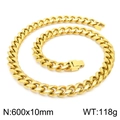 Polished golden stainless steel Cuban chain necklace, 10mm width and 600mm length - 600mm x 10mm (KN225369-Z)