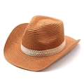 Detail of a brown straw cowboy hat with white lace ribbon on a white background - M (56-58cm) / Caramel color