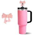 Pink tumbler with black handle and matching pink bow straw topper accessory - Pink