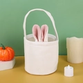 White plush Easter bunny bag with pink ears shown on table with festive props - Plain Style / White with Pink Ears