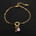 Fijne roestvrijstalen 14K vergulde armband met letter T en roze edelsteen hanger - Letter T