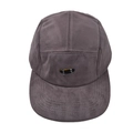 Detail view of five-panel charcoal camper hat with embroidered skateboard logo - Gray