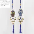 Blue Evil Eye and Hamsa Hand wind chime pendant with metal bells and blue tassels - 005 Small Hamsa Hand (Red Blue)