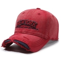 Vintage red washed denim baseball cap with New York embroidery and frayed edges - Red